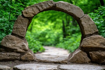 Serene stone archway in lush green forest
