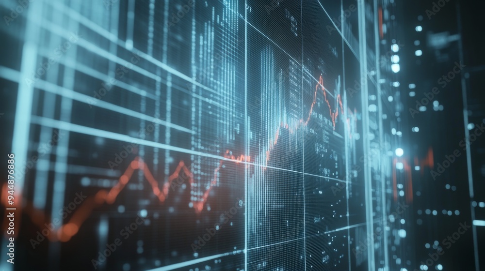 Poster a close-up of a 3d financial graph with rotating elements and interactive data points, set against a