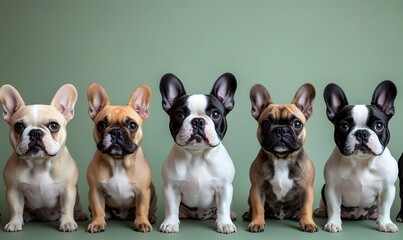Fototapeta premium Group Portrait of Various French Bulldog Puppies on Tranquil Sage Green Studio Background