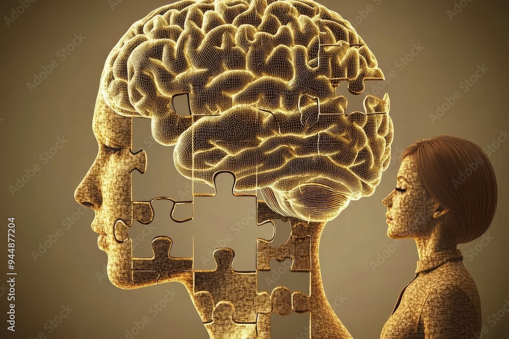 Poster human head with golden puzzle brain depicting the richness of thought and the complexity of cognitiv