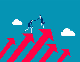 Assistance. Business mentor help coworker to climb growth arrow chart, Advice and trust to help improve