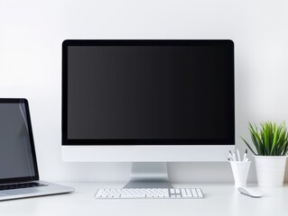 Fototapeta premium Minimalist Workspace with Perfectly Placed Computer Monitor and Stationery for Focus and Efficiency