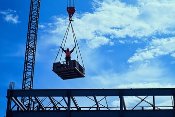 Crane operator lifting a steel structure into place for a new stadium. The skeletal frame of the building rises in the background