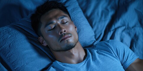 Fototapeta premium Man sleeping peacefully in blue-toned bedroom