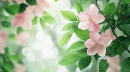 Obraz premium Delicate pink flowers amidst lush green leaves, creating a soft, romantic floral background perfect for serene designs.