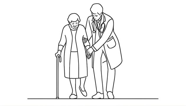 recommend clip art: Continuous Line Drawing of Male Doctor Helping an Old Senior Citizen Grandmother Patient to Walk. Health and Wellness Graphic Illustration Concept.
