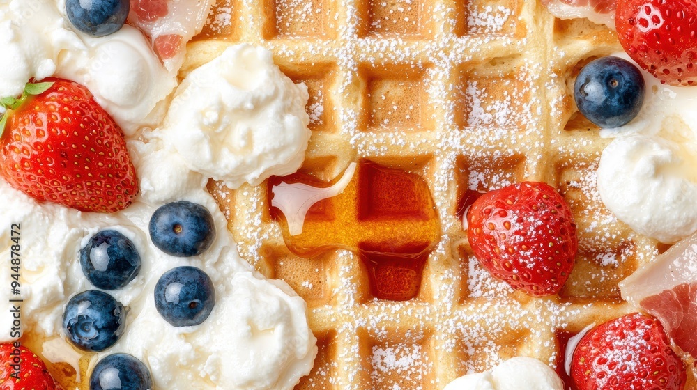 Wall mural delicious homemade waffles with fresh berries and whipped cream