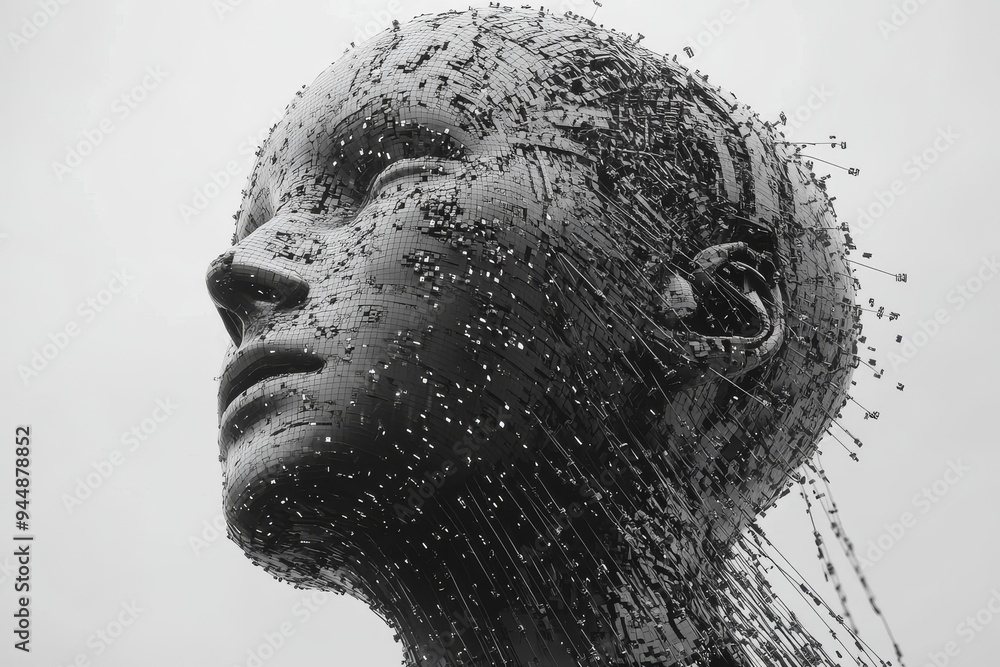 Poster fragmented female head disintegrating into particles illustrating the dissolution of identity and th