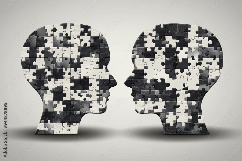 Poster black and white puzzle heads depicting the contrast and connection between different perspectives an