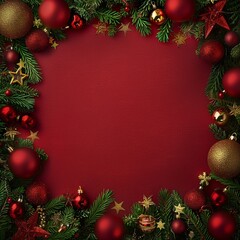 Festive Christmas Background with Pine Branches, Red and Gold Ornaments, Pinecones, and Berries on Red Background with Copy Space