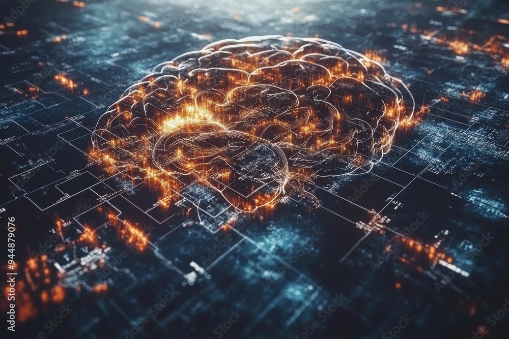 Poster glowing digital brain in a futuristic network depicting advanced technology and the power of artific