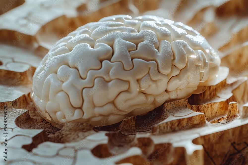 Poster white puzzle brain resting on wooden leaves representing the fragility of memory and the intricacies