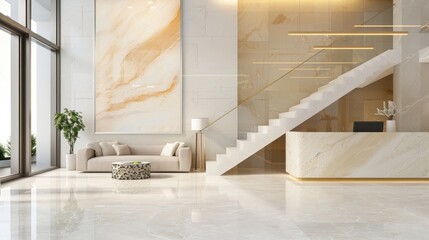 Elegant hotel lobby featuring a grand staircase, sleek reception desk, abstract wall art, polished marble flooring, and stylish sofa with armchairs, inviting ambiance and luxury.