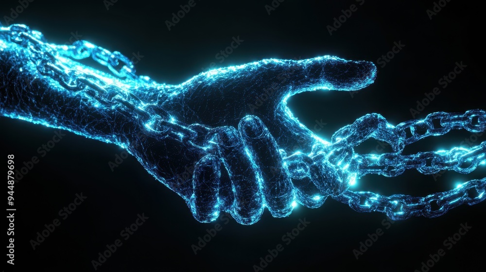 Poster digital hand bound by glowing chains, symbolizing the complex relationship between security and free