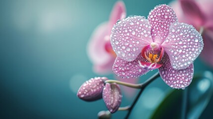 A close-up of a delicate orchid with several tiny water droplets on its petals, set against a soft, blurred background, showcasing its intricate details