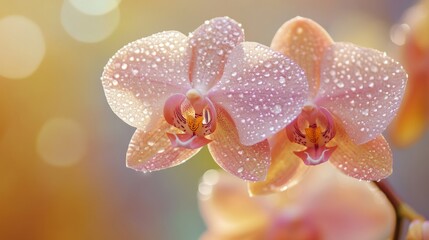 A close-up of a delicate orchid with several tiny water droplets on its petals, set against a soft, blurred background, showcasing its intricate details
