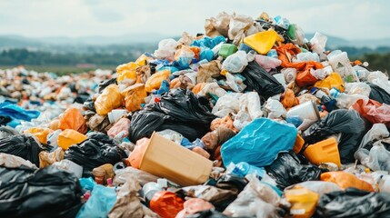 A large pile of colorful plastic waste at a landfill site, showcasing environmental pollution and waste management challenges.