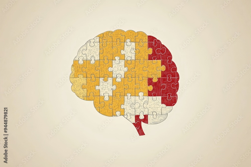 Poster Yellow Puzzle Brain with Missing Pieces Depicting the Search for Identity and the Complexity of Thought