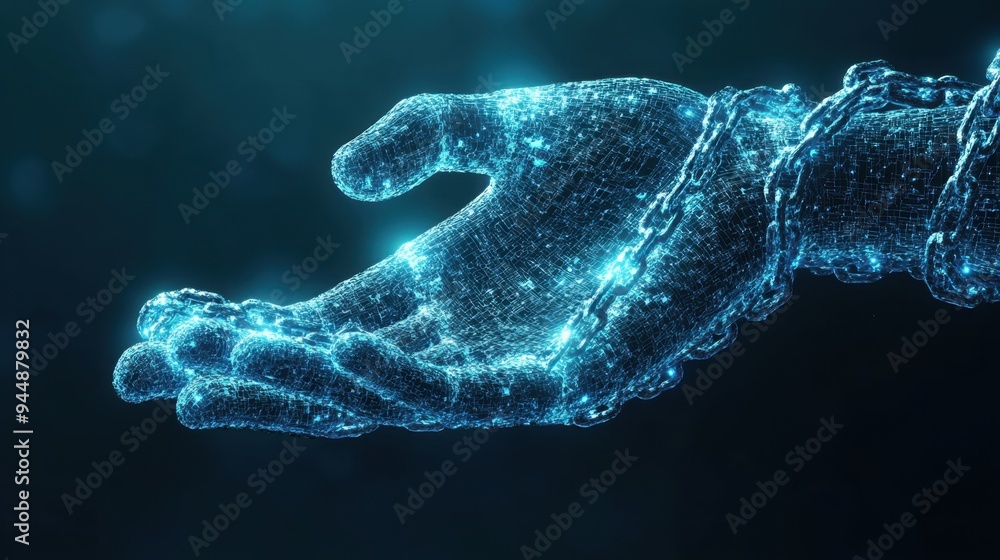 Poster digital hand with chains wrapped around it, symbolizing the balance between information security and