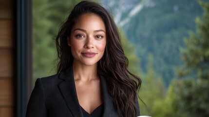 Obraz premium beautiful woman with long dark hair in black jacket