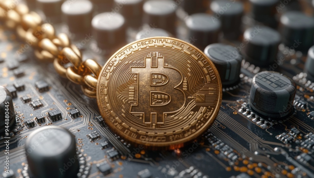Poster a close-up shot of a bitcoin coin on a circuit board with a golden chain.