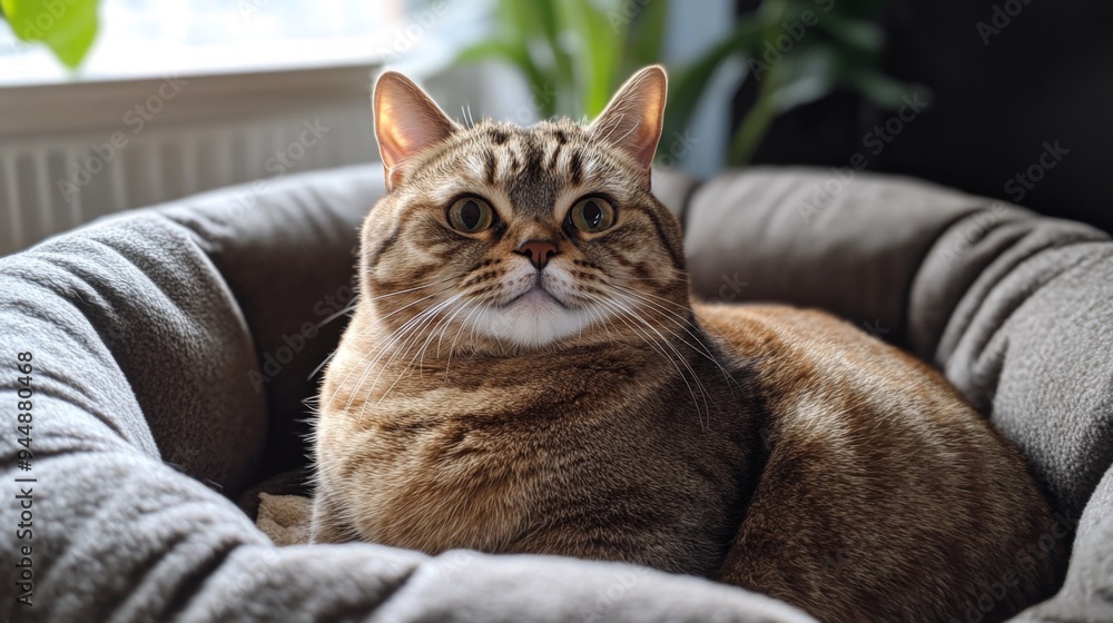 Poster a close-up of a fat, happy cat sitting in a comfy cat bed, with its round belly visible and a peacef