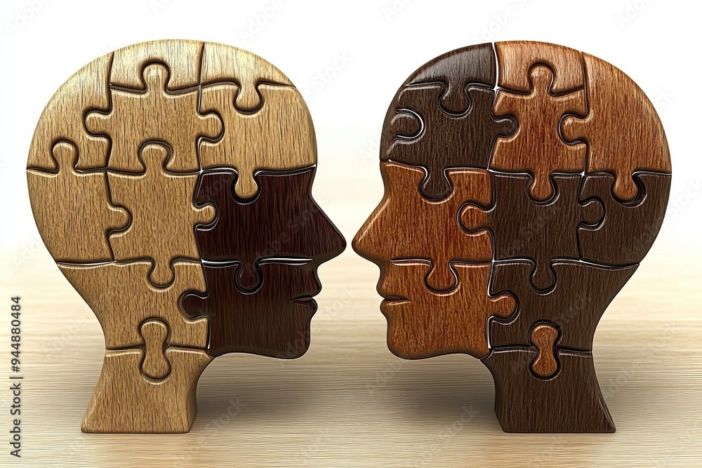 Poster wooden puzzle heads facing each other depicting the connection and understanding between two minds