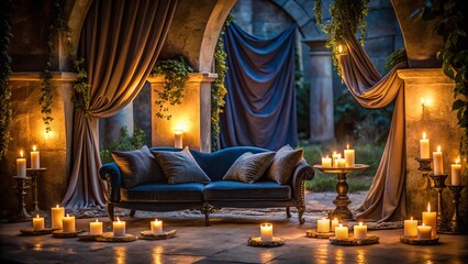 Fototapeta premium whispers secrets ancient roman arches soft navy velvet warm candlelit intimate mysterious romantic moody dramatic low-light subtle warm beige golden hour