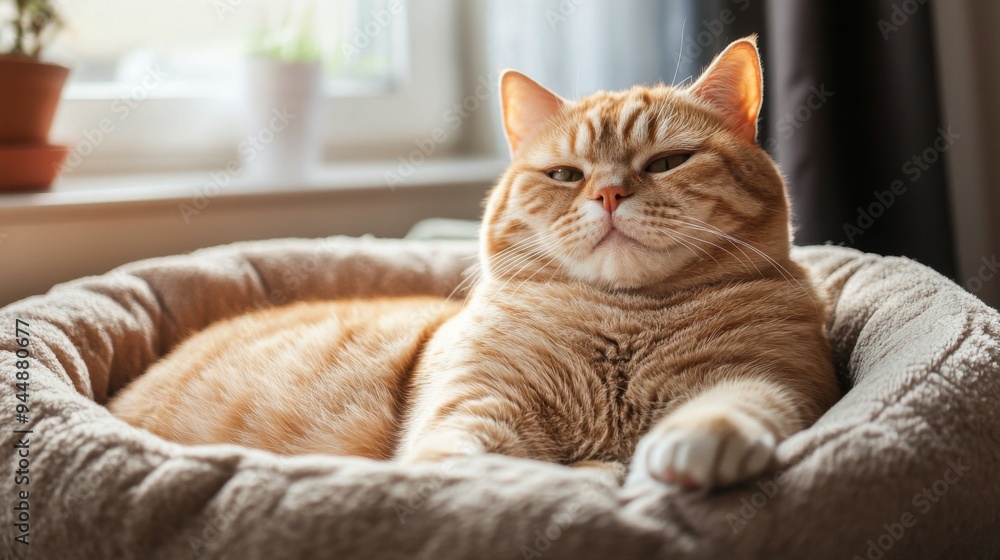 Poster a close-up of a fat, happy cat sitting in a comfy cat bed, with its round belly visible and a peacef