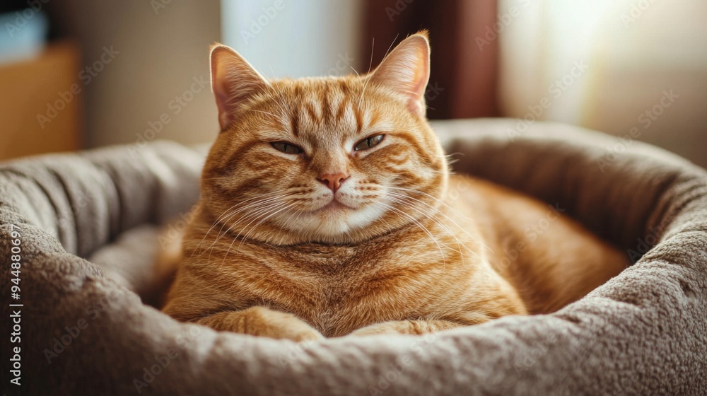 Poster a close-up of a fat, happy cat sitting in a comfy cat bed, with its round belly visible and a peacef