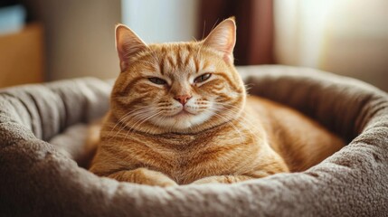 A close-up of a fat, happy cat sitting in a comfy cat bed, with its round belly visible and a peaceful expression on its face, showcasing its contentment.