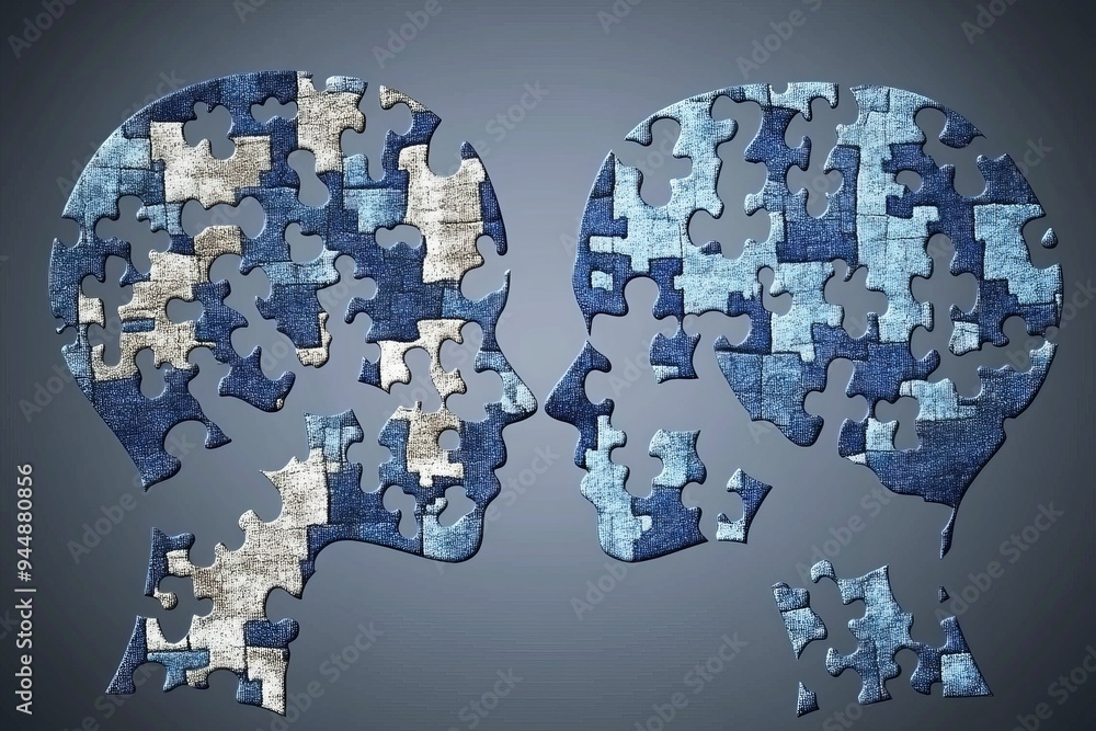 Poster fragmented puzzle faces representing the complexity of identity and cognitive disconnection in human