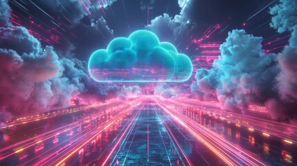 Seamless cloud computing integration, diverse tech systems merging into a unified cloud interface, bright neon lights representing data flow