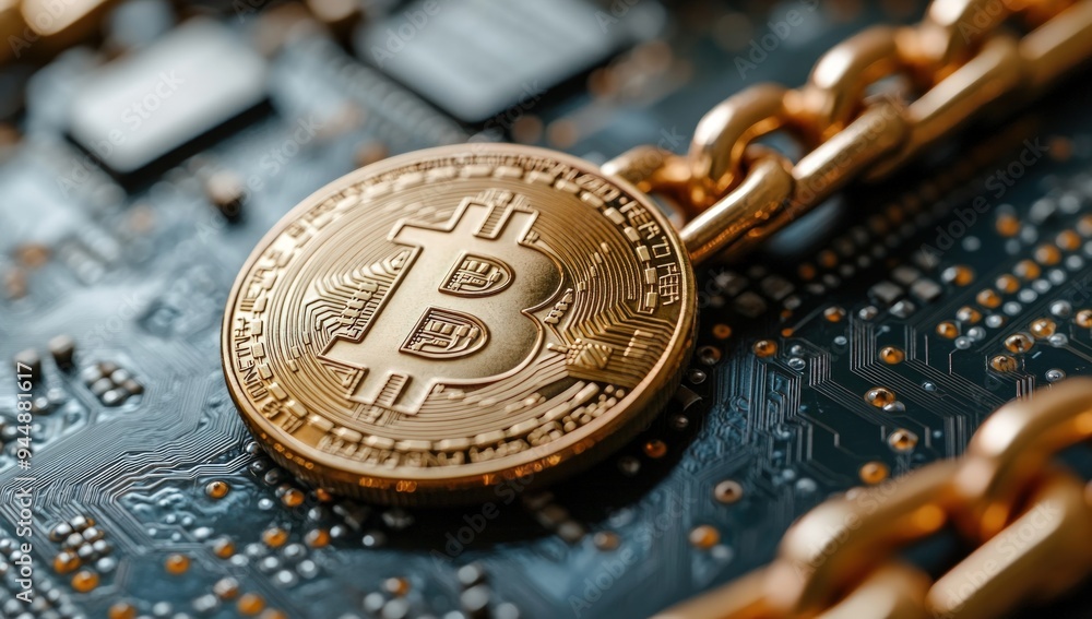 Aufkleber a close-up image of a bitcoin coin on a circuit board.