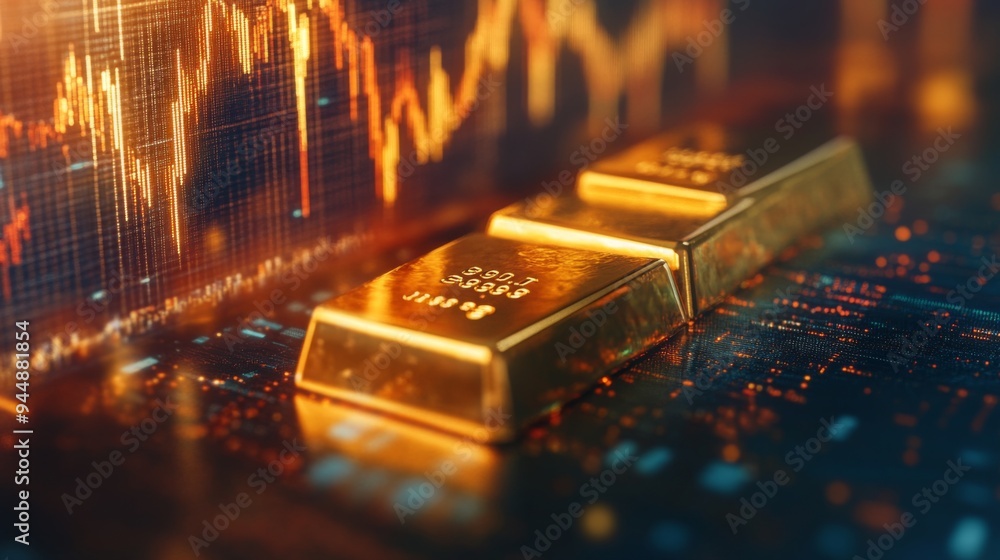 Aufkleber a close-up of a gold bar with a background of a financial graph showing historic gold price trends, 