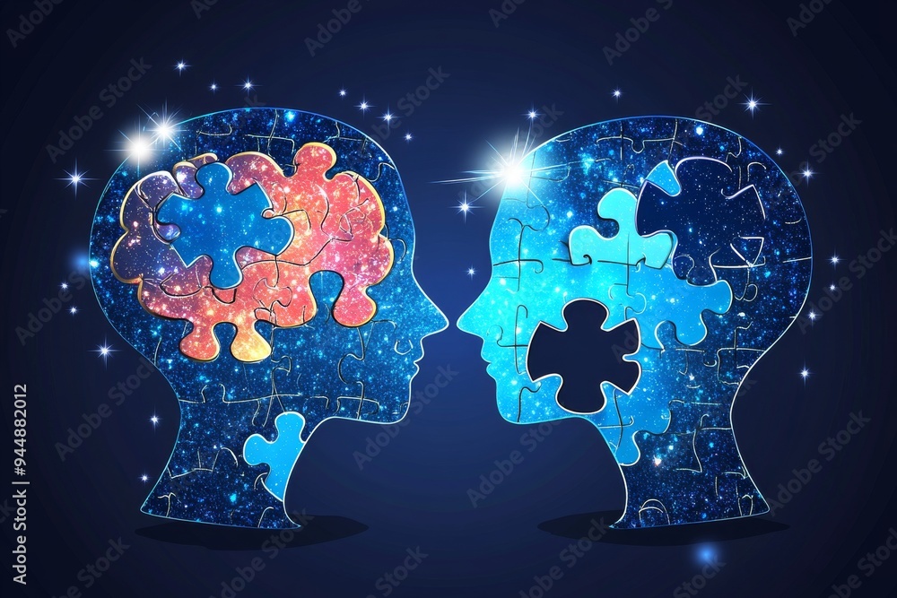 Poster puzzle brains in blue and red depicting the contrast between different cognitive approaches and ment
