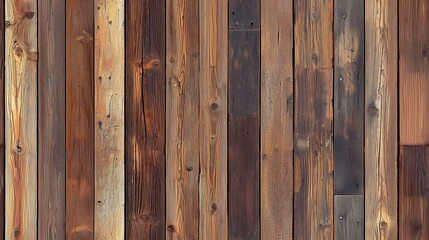 Rustic wooden wall featuring various shades of brown and gray. The planks are arranged vertically with visible knots and grain patterns, showcasing a natural and textured appearance.