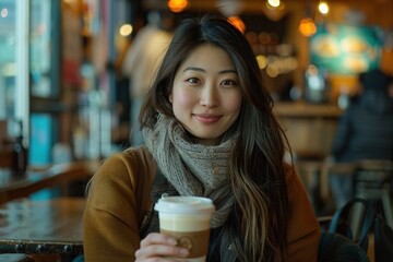 A woman with long hair is sitting at a table with a cup of coffee