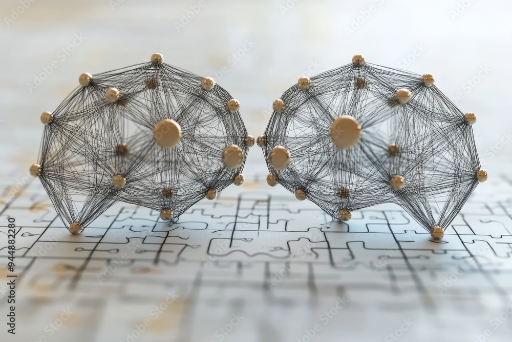 Poster geometric brain structures connected by wires depicting the network of thought and the architecture 