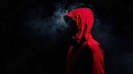 Eerie silhouette of a person in a red jacket, their identity shrouded in darkness, enhancing the enigmatic tone.