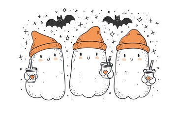 Three cartoon ghosts wearing orange hats hold drinks while surrounded by bats and stars in a whimsical Halloween design