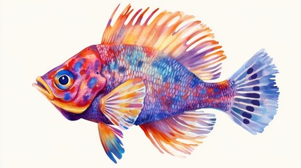 2D cartoon style watercolor illustration of an exotic fish