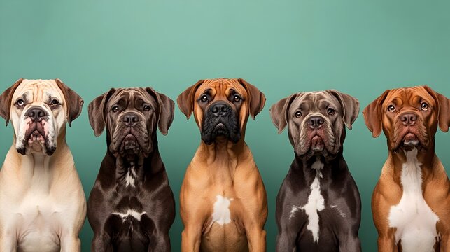 Diverse Collection of Worldwide Mastiff Breeds Posing against Calming Sage Green Background