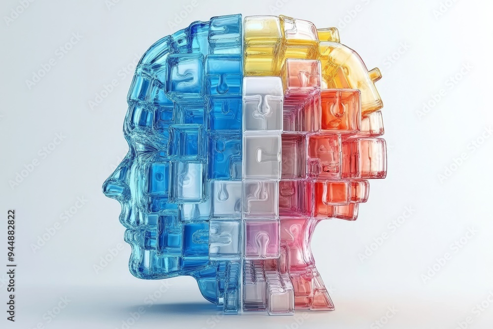 Poster transparent brain model constructed from cubes depicting the structure and organization of cognitive