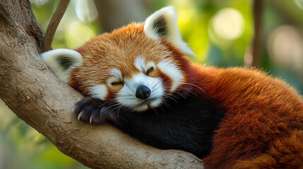 Obraz premium A red panda rests own a tree this endangered specie is also known as lesser panda or red cat bear 