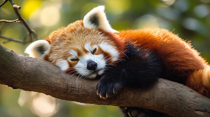 Fototapeta premium A red panda rests own a tree this endangered specie is also known as lesser panda or red cat bear 