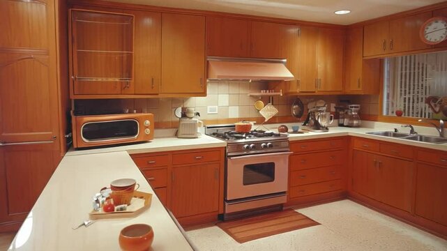 A 1970s-style kitchen with retro appliances and decor.
