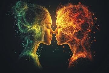Neon Glowing Human Profiles Depicting the Mental and Emotional Connection Between Two People
