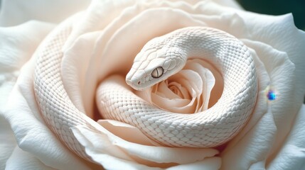Fototapeta premium Elegant white snake coiled delicately around a rose, creating a stunning blend of nature's beauty and mystique.