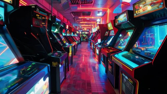 A 1980s arcade game machine with bright neon lights